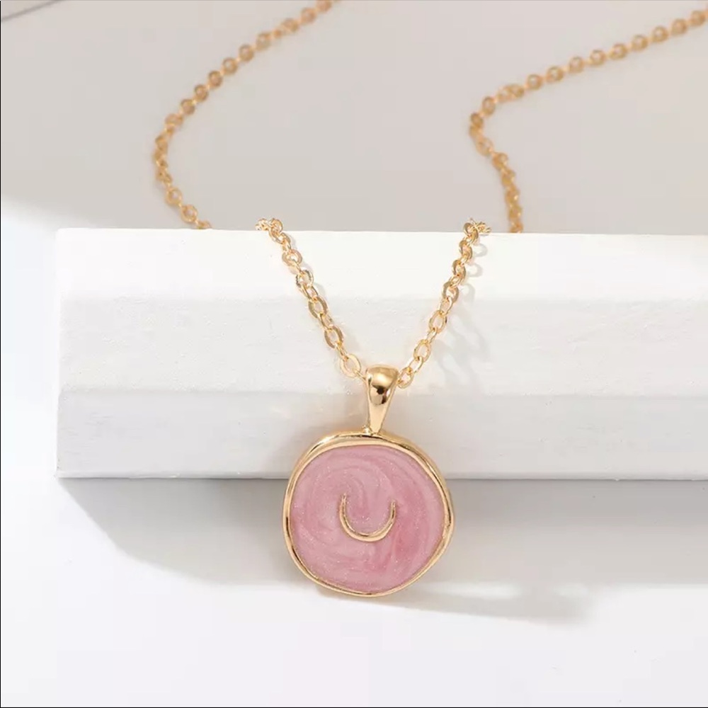 Pink Enamel and Gold Moon pendant Necklace